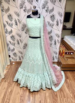 Sea-Green Embroidered Georgette Semi Stitched Lehenga 1