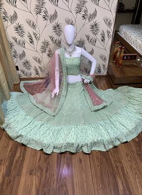 Sea-Green Embroidered Georgette Semi Stitched Lehenga 1