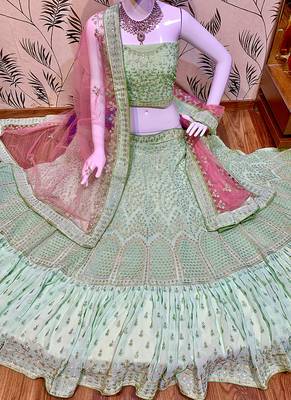 Sea-Green Embroidered Georgette Semi Stitched Lehenga 2