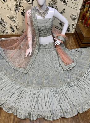 Grey Embroidered Georgette Semi Stitched Lehenga 2