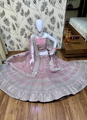 Pink Embroidered Net Semi Stitched Lehenga 1