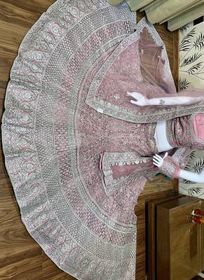 Pink Embroidered Net Semi Stitched Lehenga 2