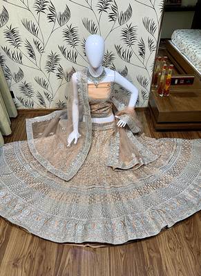 Peach Embroidered Net Semi Stitched Lehenga 1