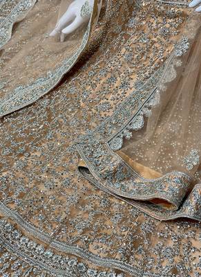 Peach Embroidered Net Semi Stitched Lehenga 3