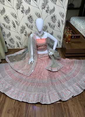 Pink Embroidered Net Semi Stitched Lehenga 1