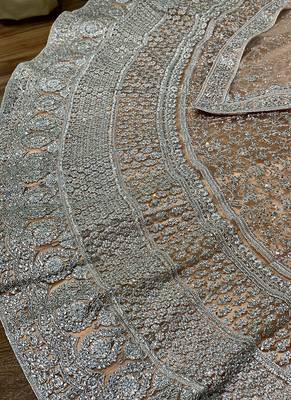Peach Embroidered Net Semi Stitched Lehenga 4