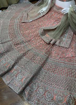 Pink Embroidered Net Semi Stitched Lehenga 3