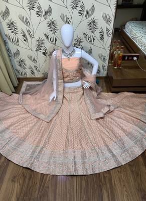 Peach Embroidered Silk Semi Stitched Lehenga 1