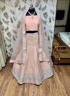 Peach Embroidered Silk Semi Stitched Lehenga 1