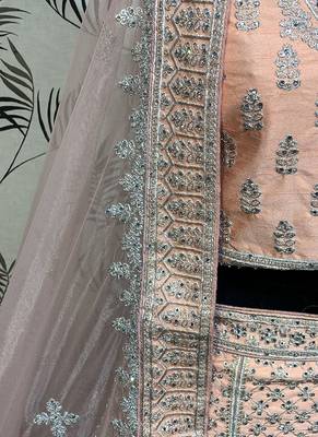 Peach Embroidered Silk Semi Stitched Lehenga 4