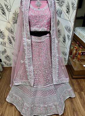 Pink Embroidered Net Semi Stitched Lehenga 1