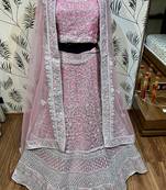 Pink Embroidered Net Semi Stitched Lehenga