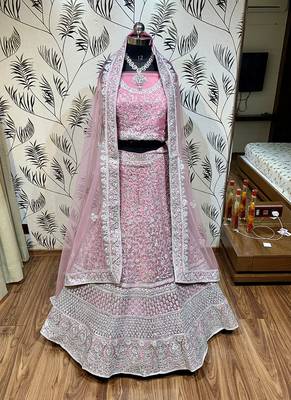 Pink Embroidered Net Semi Stitched Lehenga 2
