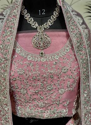 Pink Embroidered Net Semi Stitched Lehenga 3