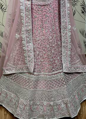Pink Embroidered Net Semi Stitched Lehenga 4