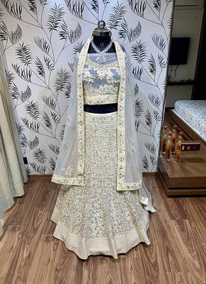 White Embroidered Net Semi Stitched Lehenga 1