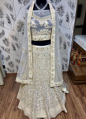 White Embroidered Net Semi Stitched Lehenga 2