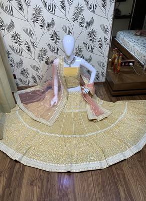 Yellow Embroidered Georgette Semi Stitched Lehenga 1