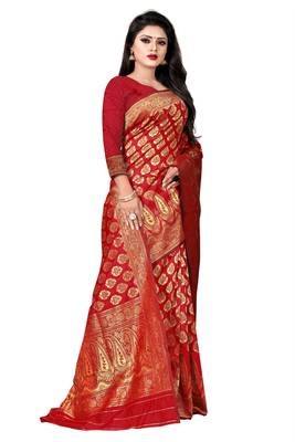 red woven art silk saree with blouse 5