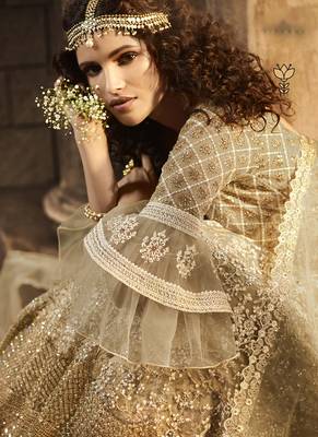 Golden Embroidered Net Semi Stitched Lehenga 3
