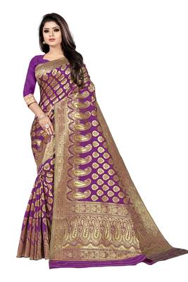 women purple woven art silk saree with blouse 1