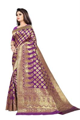 women purple woven art silk saree with blouse 2