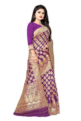 women purple woven art silk saree with blouse 3