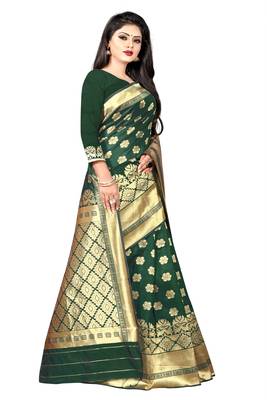 women green woven art silk saree with blouse 5