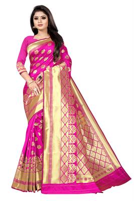 women pink woven art silk saree with blouse 1