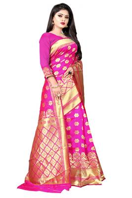 women pink woven art silk saree with blouse 4