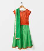 sleeveless brocade choli with contrast chanderi lehnga