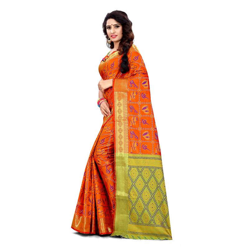 orange woven art silk saree with blouse