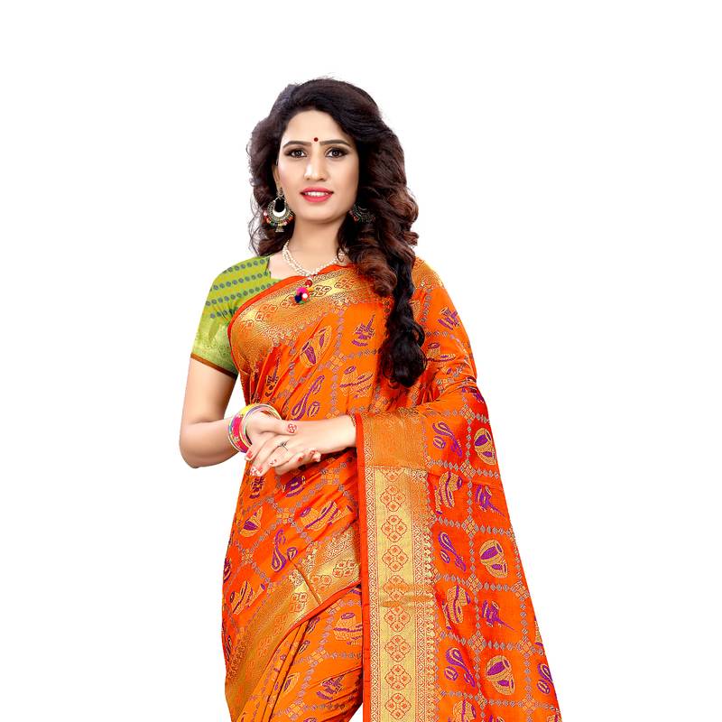 orange woven art silk saree with blouse