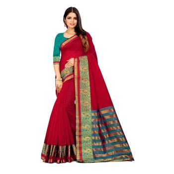 red woven cotton saree with blouse 1