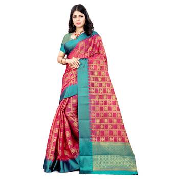 pink woven cotton saree with blouse 1