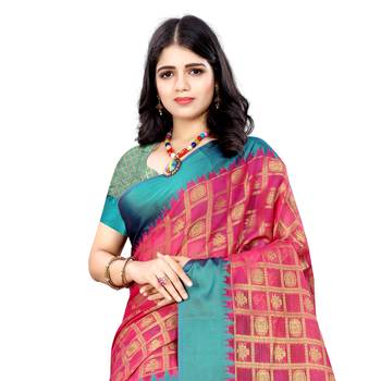 pink woven cotton saree with blouse 4