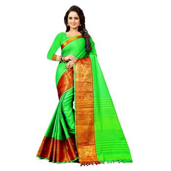 green woven cotton silk saree with blouse 1