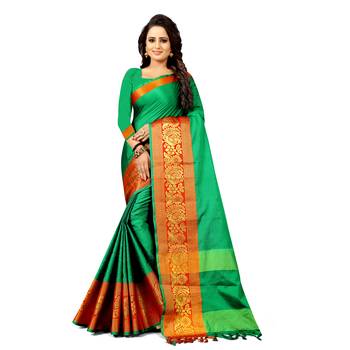 green woven cotton silk saree with blouse 1