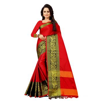red woven cotton silk saree with blouse 1