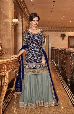 Dark-blue embroidered georgette salwar 1