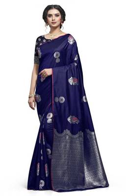 blue woven jacquard saree with blouse 1