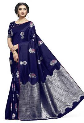 blue woven jacquard saree with blouse 3