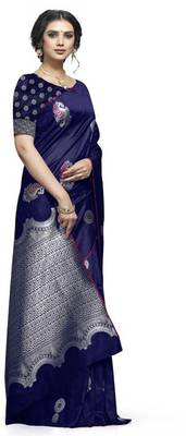 blue woven jacquard saree with blouse 4