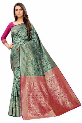 green woven art silk saree with blouse 1