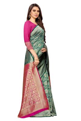 green woven art silk saree with blouse 2