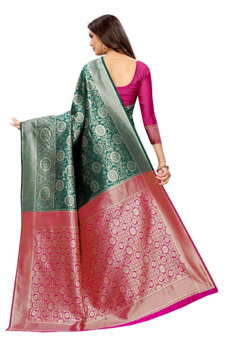 green woven art silk saree with blouse