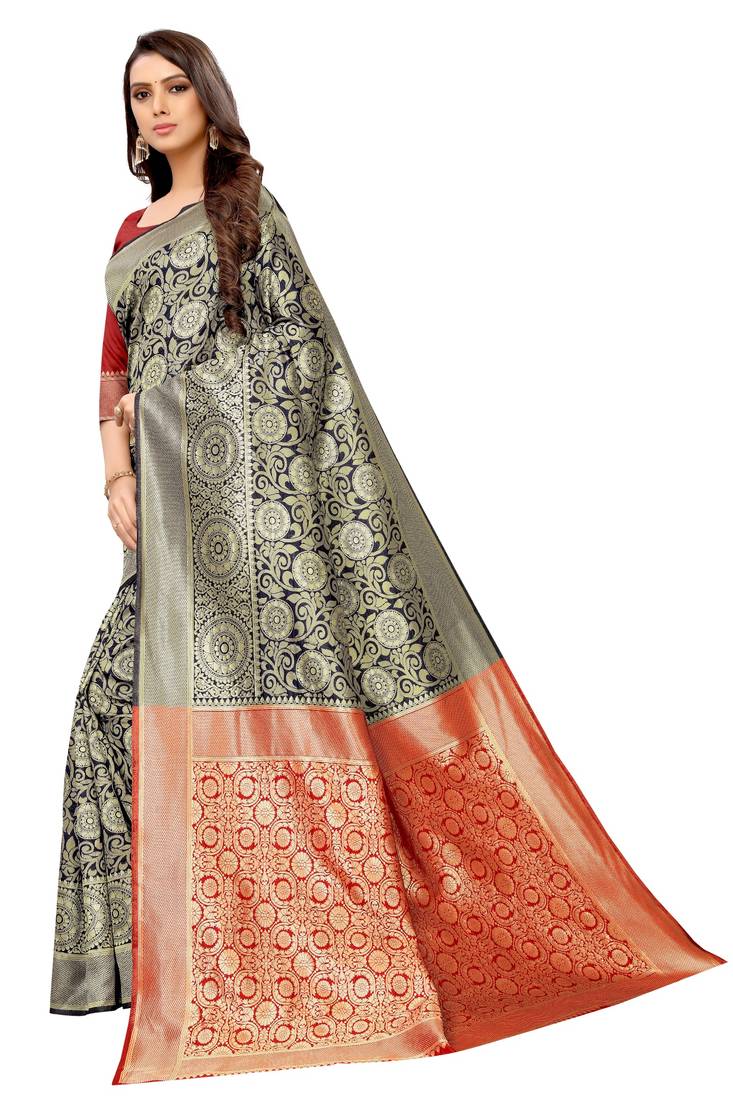 blue woven art silk saree with blouse