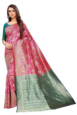 pink woven art silk saree with blouse 1