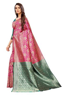 pink woven art silk saree with blouse 2
