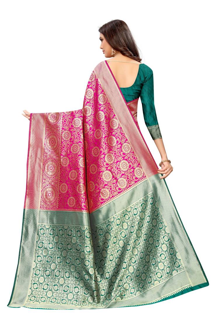 pink woven art silk saree with blouse